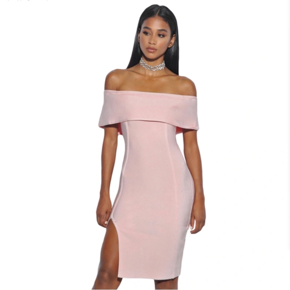 Sarah Pink Bandage Dress with Off Shoulder Overlay